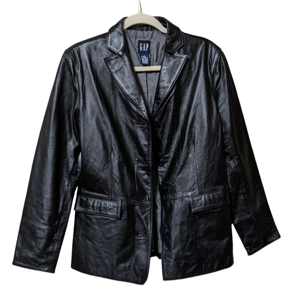 Gap black leather jacket Small button front flap pocket DIY Flying Monkeys Y2K - Picture 10 of 10